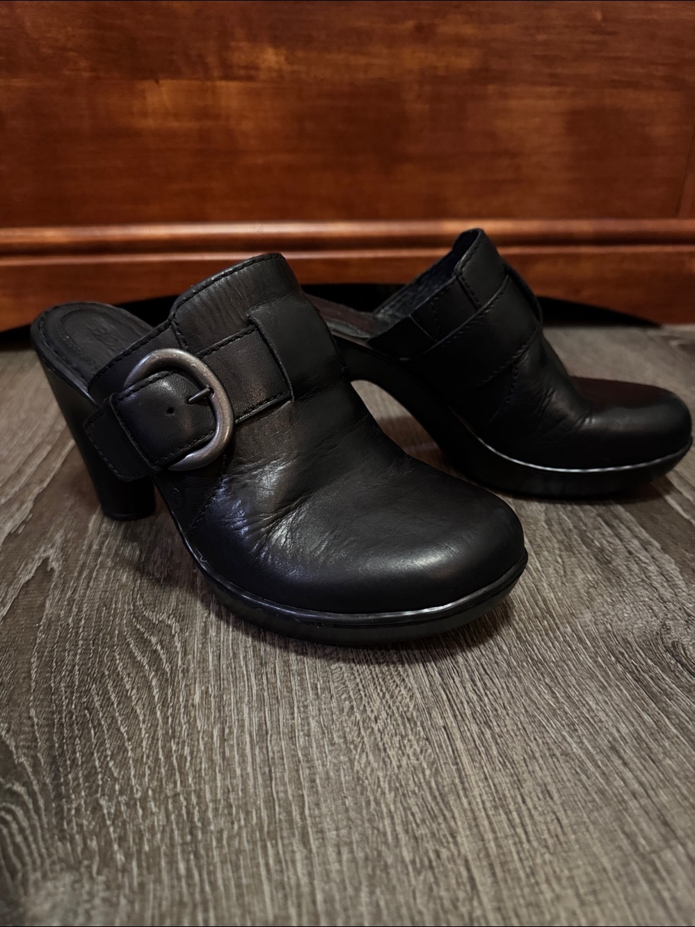 Born Black Leather Mule Heels with Buckle Strap
